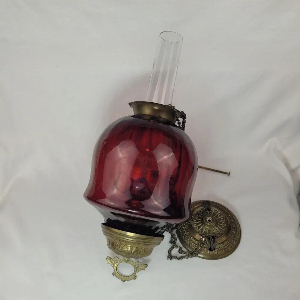 Antique Ruby Red Glass Hanging Oil Lamp Macbeth Pearl Glass Chimney Brass Trim